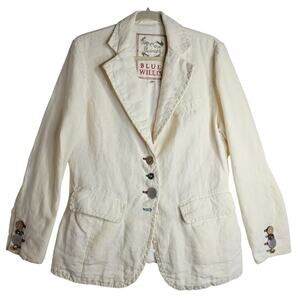 A life More Pleasant SzL 100% Linen By Blue Willi's Blazer. Artsy buttons Unique